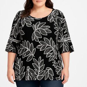 Amana Top Blouse Womens Black White Floral Bell Sleeves Plus Size 1X NWT